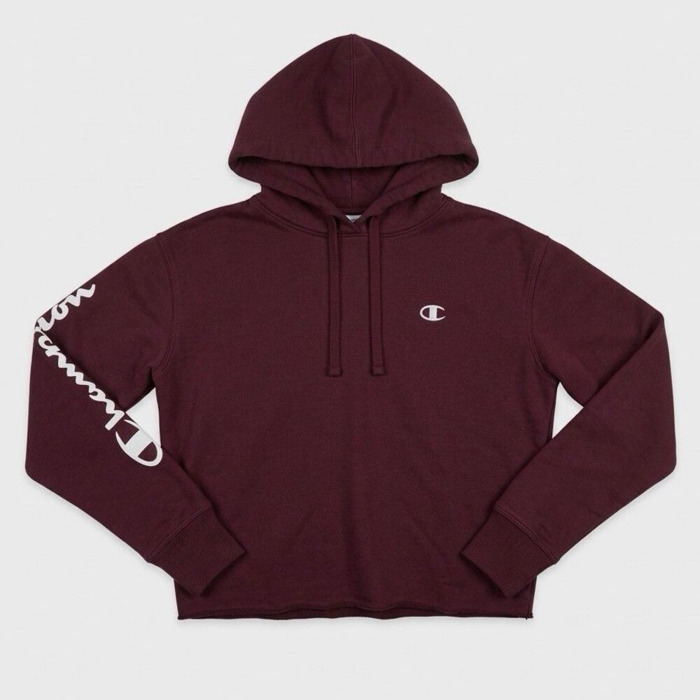 Champion Hoodie Women Small Burgundy Logo Sleeve Pullover Sweatshirt